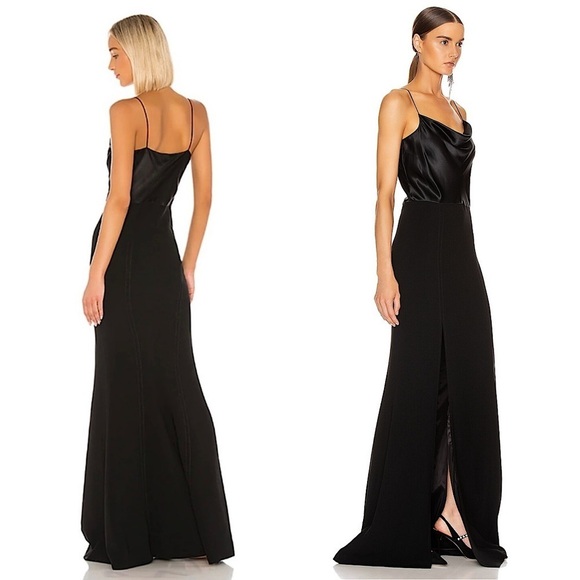 CINQ A SEPT Silk Satin Bodice Crepe Skirt Sleeveless Draped Neck Leg Slit Gown 6 - Picture 2 of 8